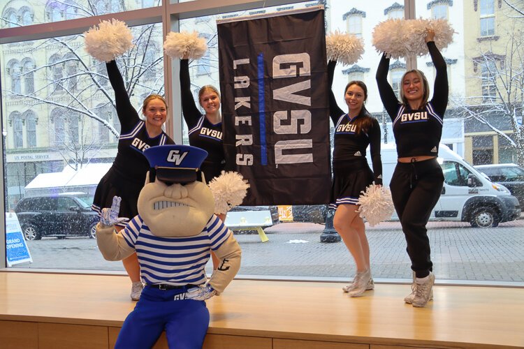 Louie the Laker and the GVSU Laker Dance Team welcomed guests to the Laker Store inside the Gand Rapid Art Museum.