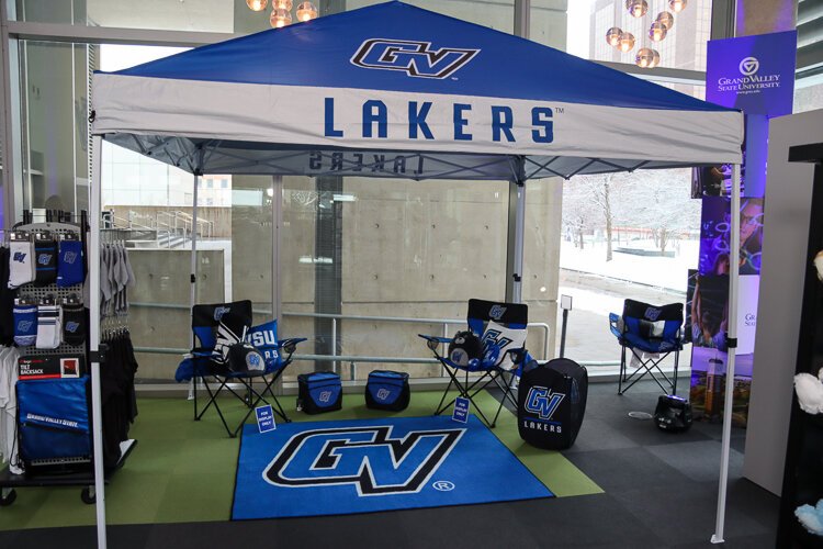 A tailgating set-up is on display at the new Laker Store in downtown Grand Rapids.