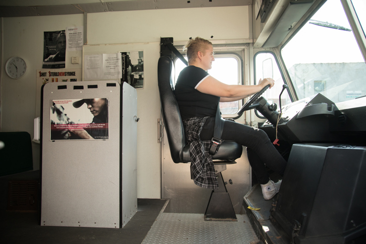 Camille Hoorn drives the mobile health unit.