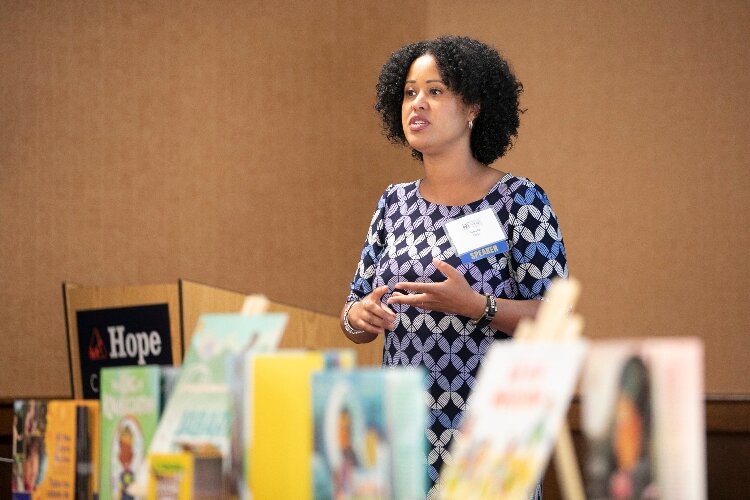 Anissa Eddie, author of Talking to Kids About Race: An Introductory Guide to Building Foundations for Racial Equity in Early Childhood, speaks at the Summit. (Hector Salazar)