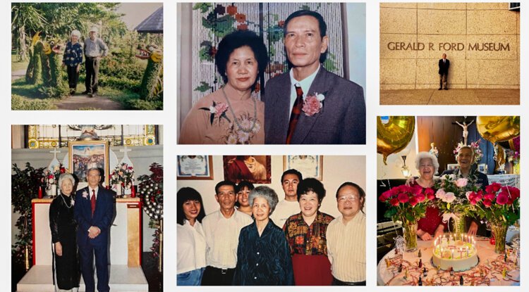 A collage of photos of Amberly Nguyen's grandparents over the years. 
