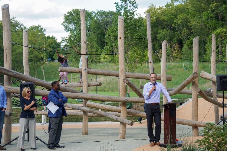  David Marquardt at the ribbon-cutting ceremony for the reopening of Roberto Clemente Park, September 2021.