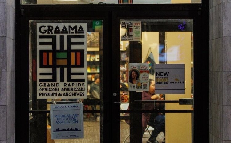 The entrance of GRAAMA at 87 Monroe Center St NW in downtown Grand Rapids.