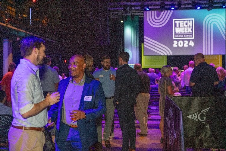 Attendees networking at last year’s Tech Week Grand Rapids Kick-Off event at GLC Live at 20 Monroe.