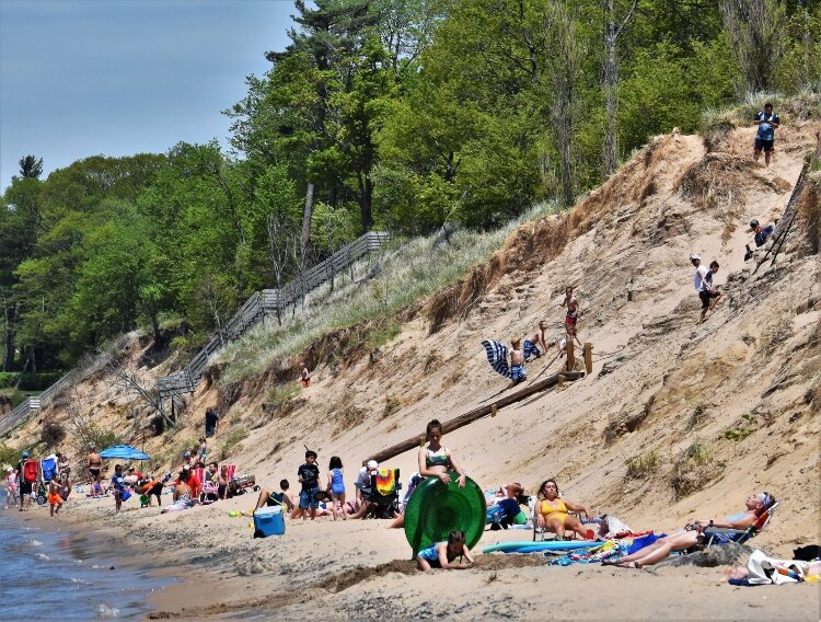 The beach at Kirk Park gives way to battering by storm-whipped waves.