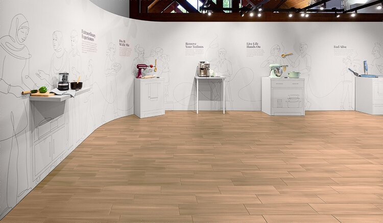  For KitchenAid, Nÿkamp translated brand messaging into a human-scale installation, integrating line illustrations with products to support the “Do It With Me” experience.