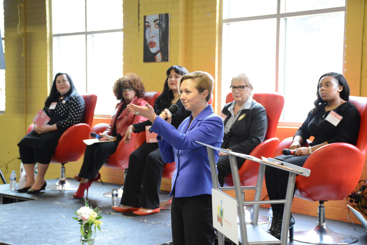 Mayor Rosalynn Bliss gives the opening remarks at the Women + City Building event.