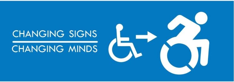 Graphic illustrates the evolution from a "handicap" sign to an "accessibility" sign. 