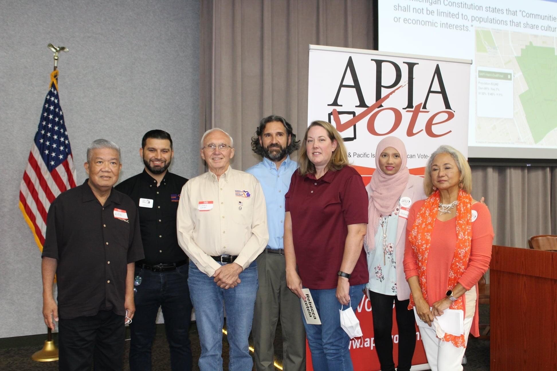 From left to right: APIA president Willie Dechavez, Commissioner Anthony Eid, Commissioner Richard Weiss, Commissioner M.C. Rothhorn, Commissioner Rebecca Szetela, Rebeka Islam, APIA Vice President Leinda Schleicher