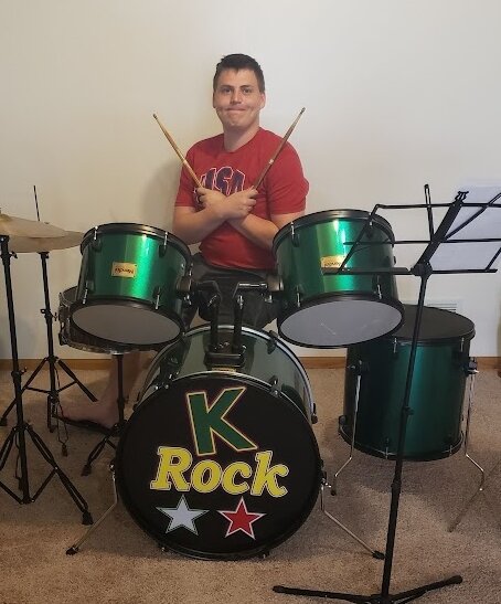 K-Rock drummer Keegan Russell at band practice. 