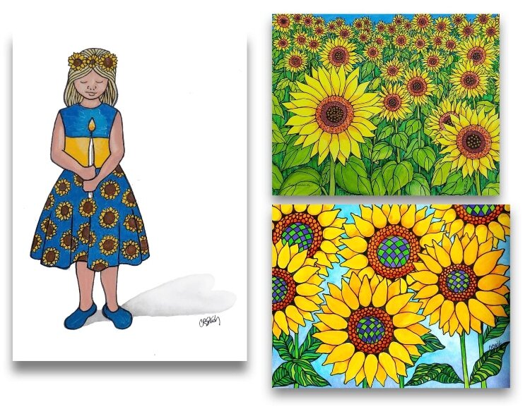 Carolyn Stich is selling merchandise with her sunflower designs to raise funds to support Ukrainian refugees.