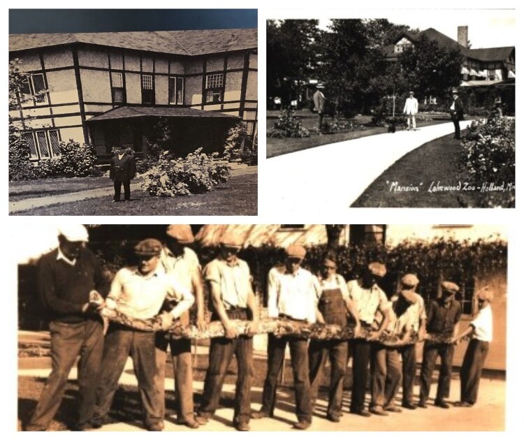 The collage shows the Getz home and a crew of workers transporting a snake that was part of the zoo's menagerie. (Holland Museum)