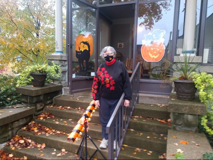 Carol Myers shows off the socially distanced, but festive Halloween tube at her 12th Street Holland home.