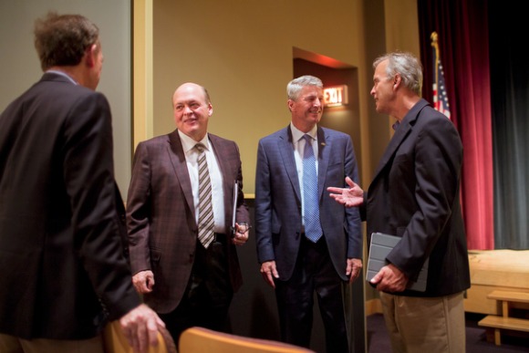 Jim Hackett, Steelcase CEO, middle left, and Mike Jandernoa, chairman of Perrigo, middle right.