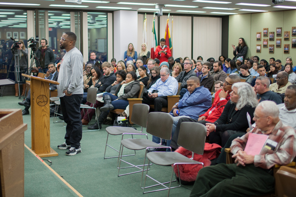 Darel Ross speaks at a city council meeting.