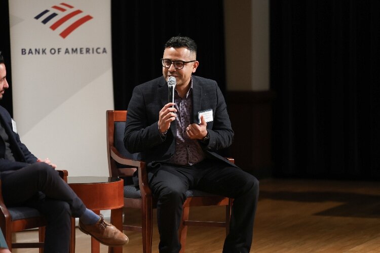 Johnny Rodriguez, president and CEO of LAUP, speaks during Banks of America Grand Rapids' Day of GIving event. 