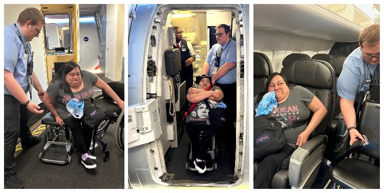 An airline employee assists Lucia Rios board a plane using an aisle chair. (Shandra Martinez)