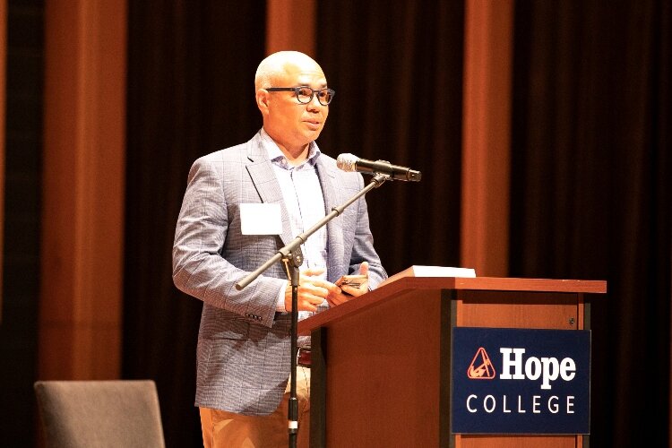 Alfredo Hernandez, a Racial Equity Officer with the Michigan Department of Civil Rights, speaks at the Summit. (Hector Salazar)