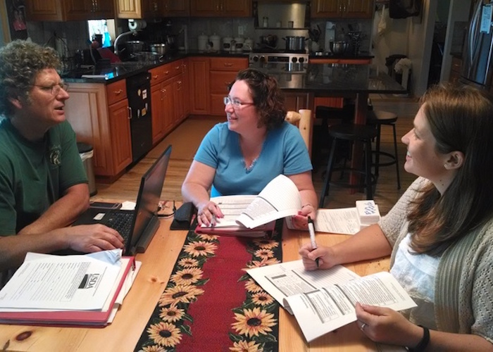 Greg Zimmerman, Ski Country Farm; Michelle Walk, MSU Extension; and Kristina Denison, Chippewa-Luce-Mackinac Conservation District meet during an internal audit visit for GroupGAP