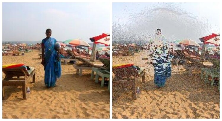 Jon Cauchi uses these images to illustrate vision impairment, a term he prefers to describe his disability instead of visually impaired. The left image shows a woman on a beach. In the second image, the woman is nearly whited out. 