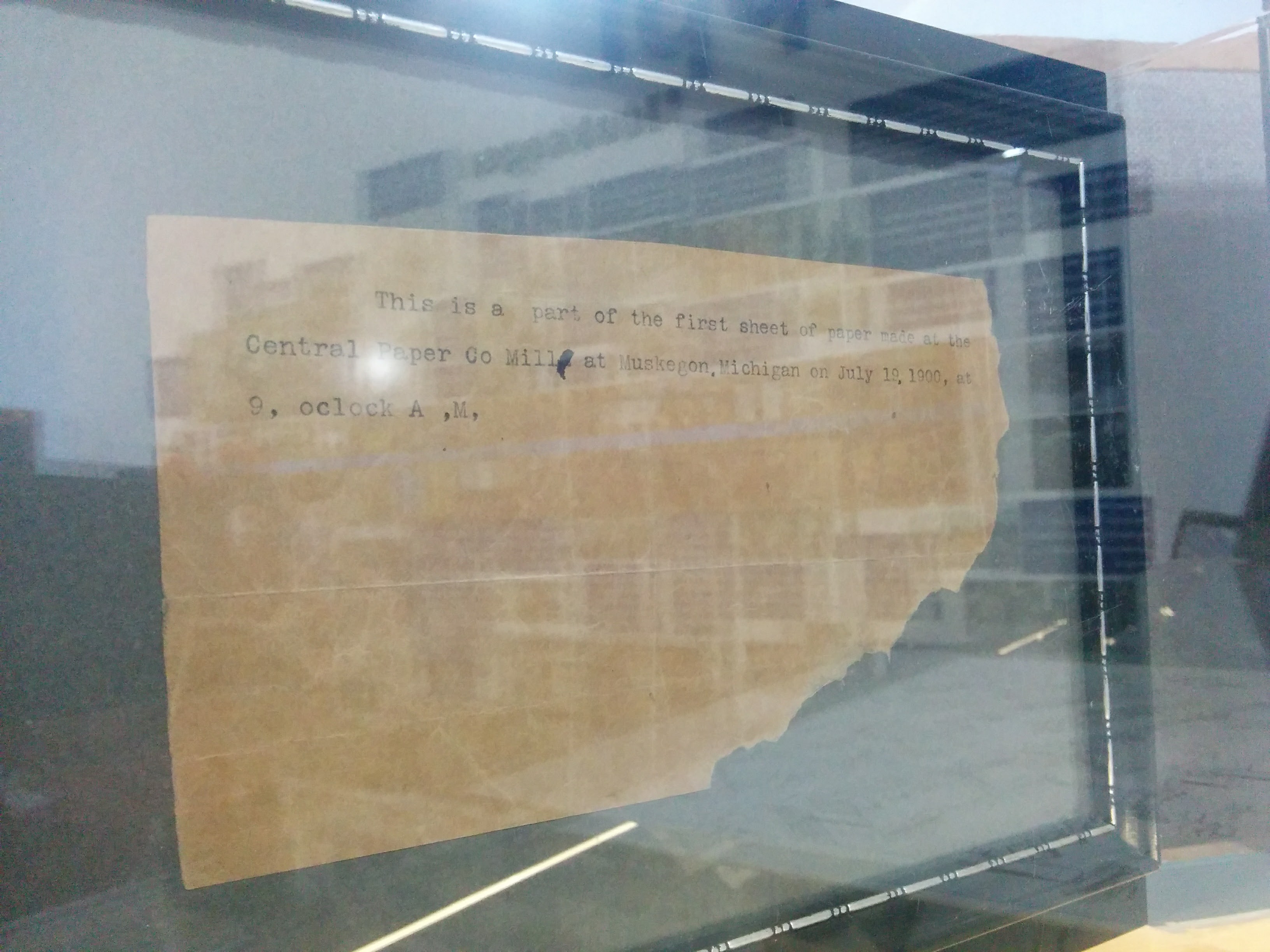 Part of the first piece of paper ever printed at the Central Paper Company mill on July 19, 1900.